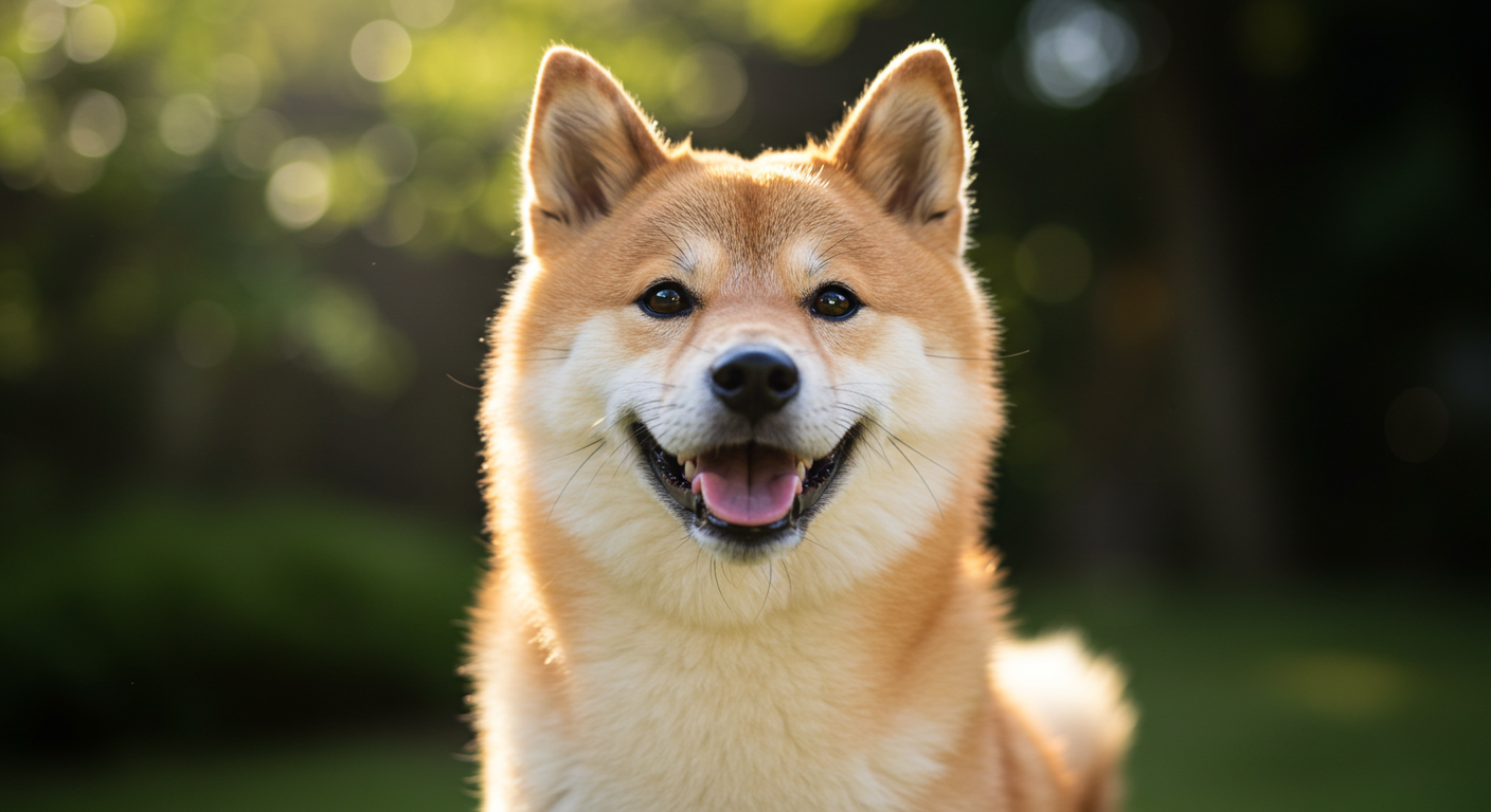 自然光が降り注ぐ日本庭園に座っている柴犬